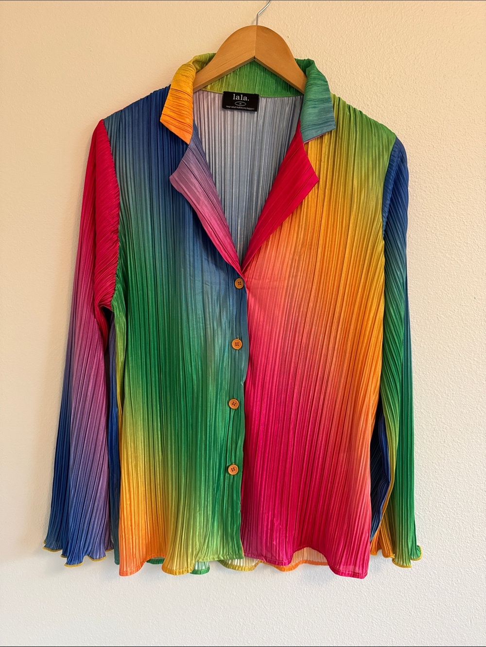 Dressed in LALA Rainbow Pleated Multicolor Button-Down Shirt